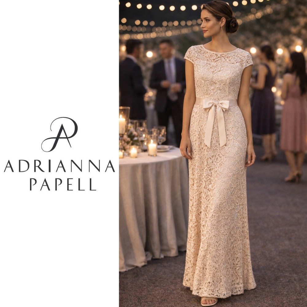 Adrianna‎ Papell, Petite Champagne Beige Guipure Lace Belted Maxi Dress Gown 12P